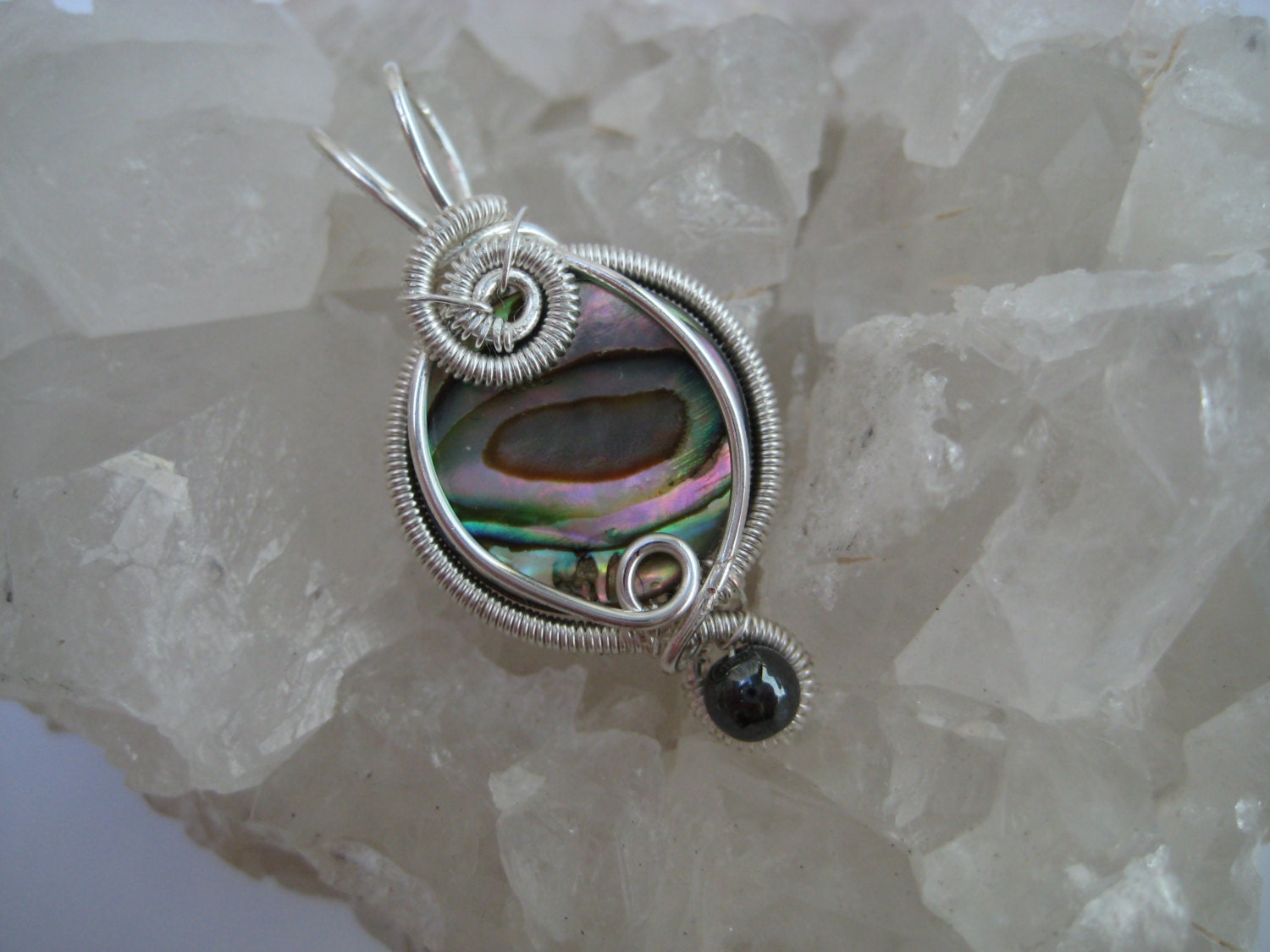 Abalone Pendant / Silver Coated Copper Wire / Small Wire Wrap Pendant / Art Jewelry / Rainbows / Shell / Hematite