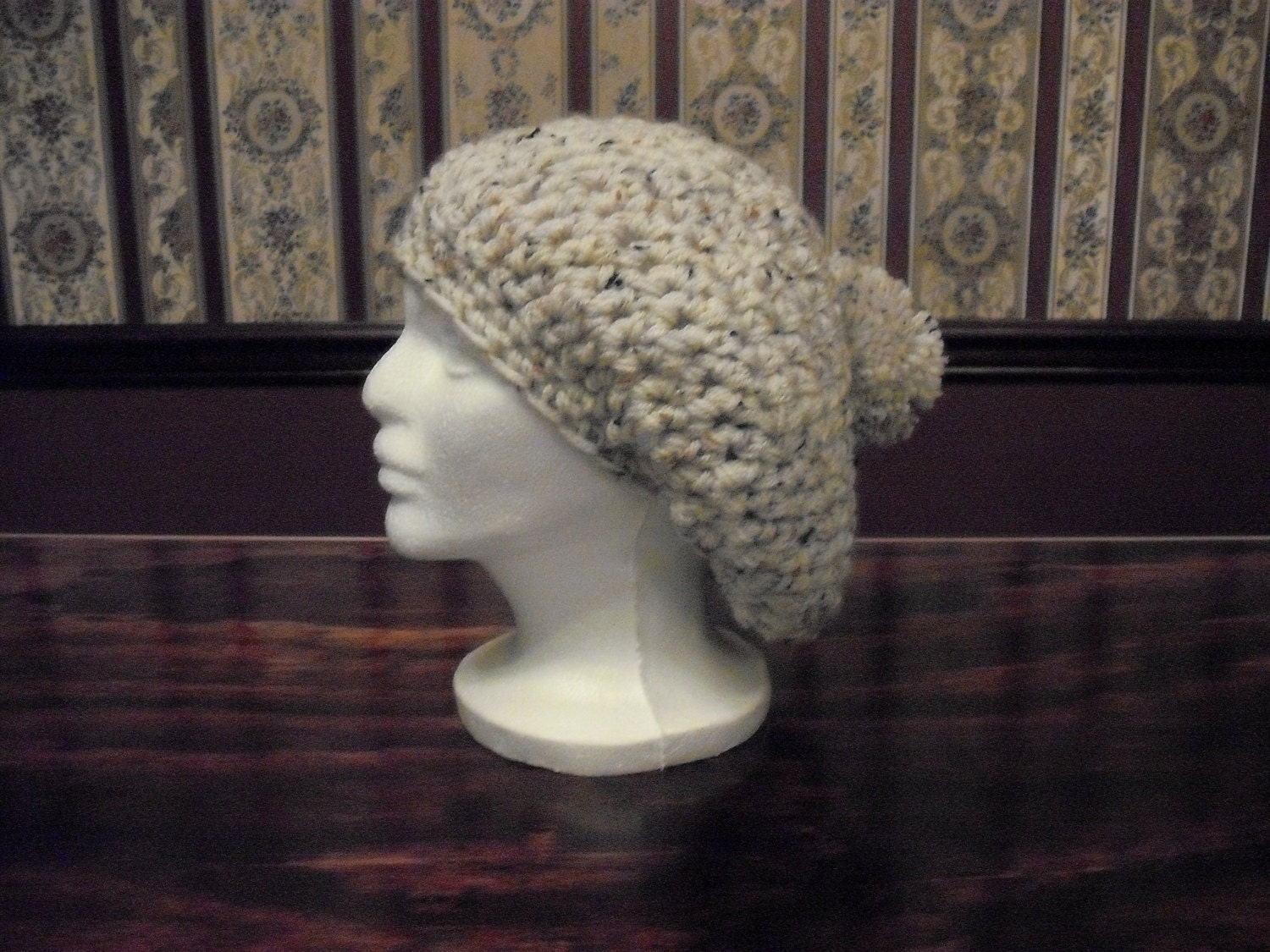 Teen Adult Size, Neutral Slouch Beret with Brown, Gray, Black Flecks and Pom Pom, Winter Hat, Rasta, Boho, Hipster, Tam, Beige, Cream