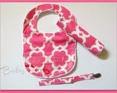 Pink Tarika baby bib set , burp cloth, pacifier clip , flower bib, bubble dot, baby shower gift