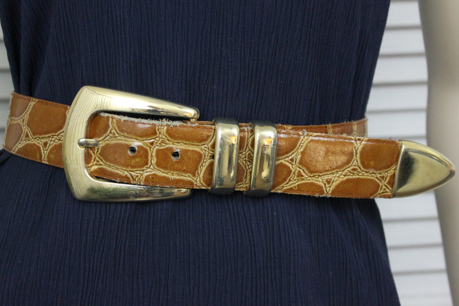 SALE Vintage Large Brown Leather Belt with Gold Tone Buckle By Leather Art