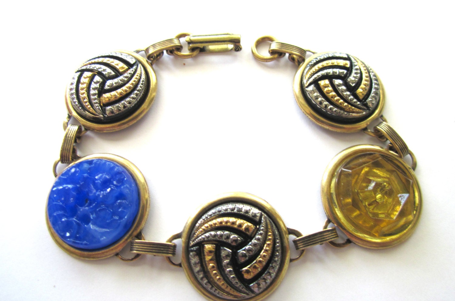 WATER POLO University California antique button bracelet, all glass buttons, blue & gold