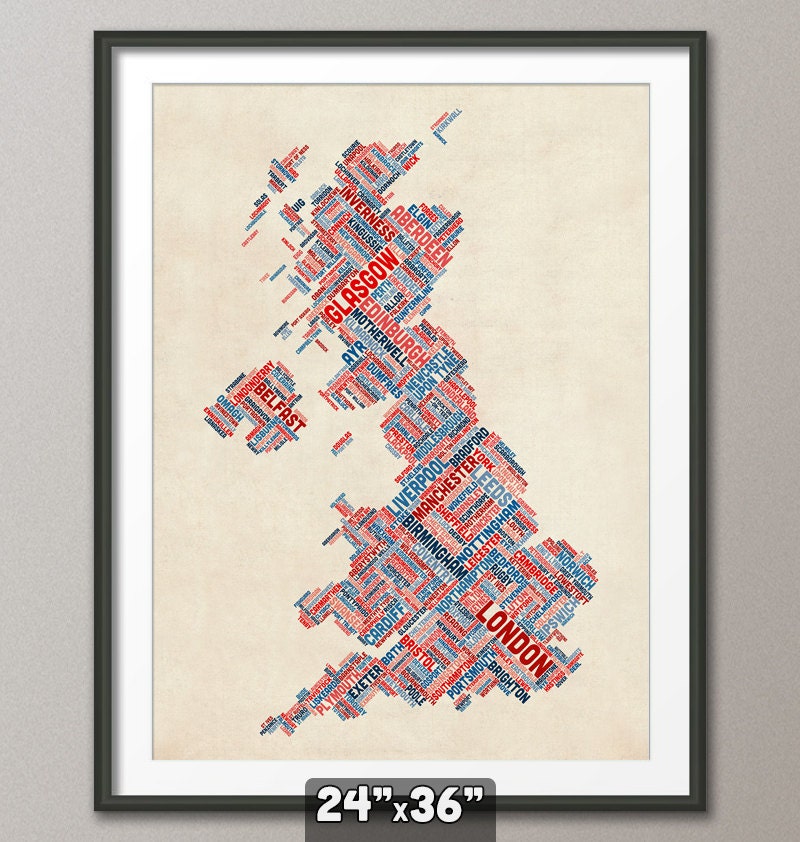Great Britain UK City Text Map, Art Print 24x36 inch (302)