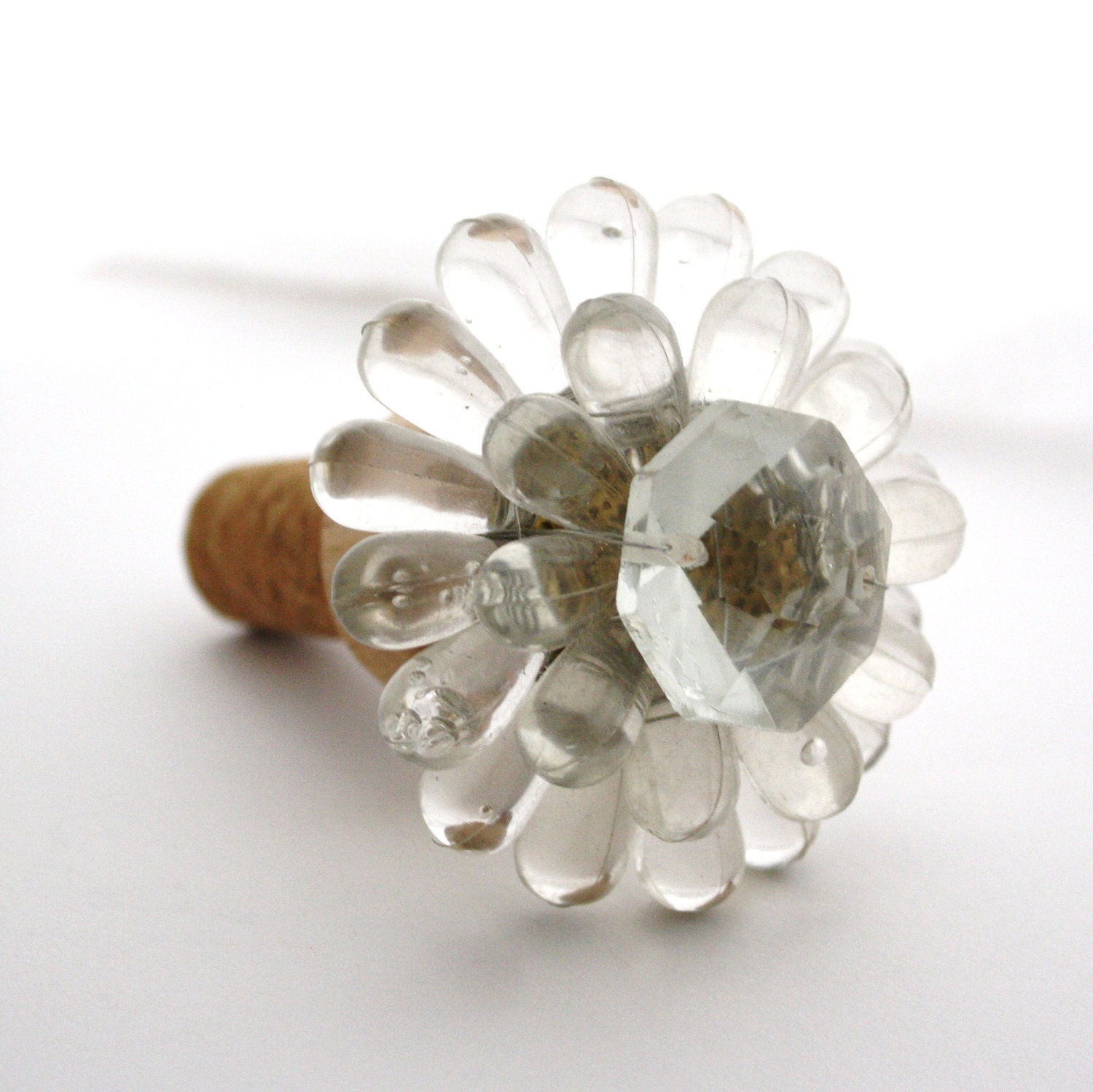 Wine Stopper- Clear beaded doorknob / drawer pull and new cork.  A unique host or hostess gift.
