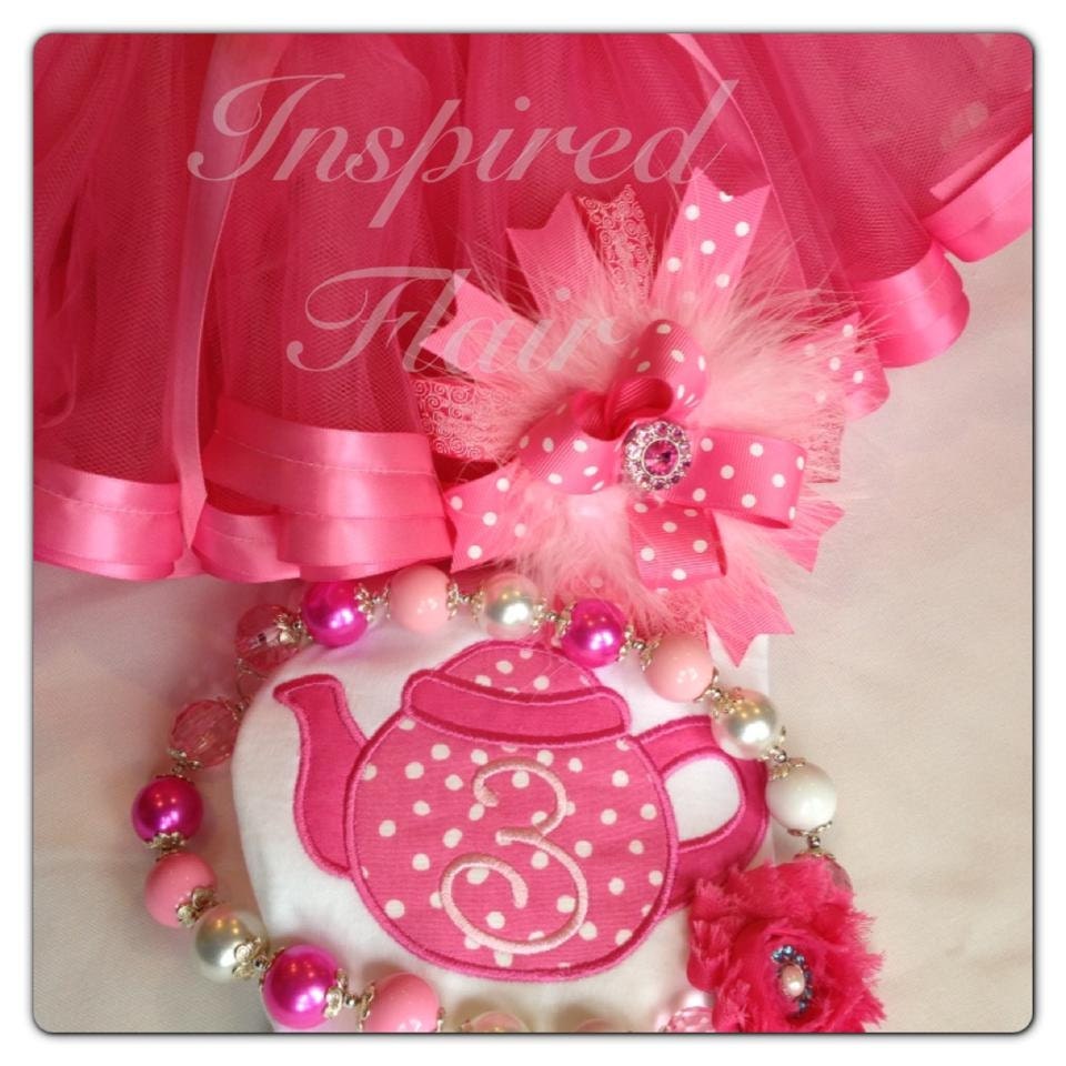Custom Girls Tea Party Teapot Birthday with Number Tutu Outfit- Applique Teapot Shirt, Tutu Skirt, Necklace and Hair Bow