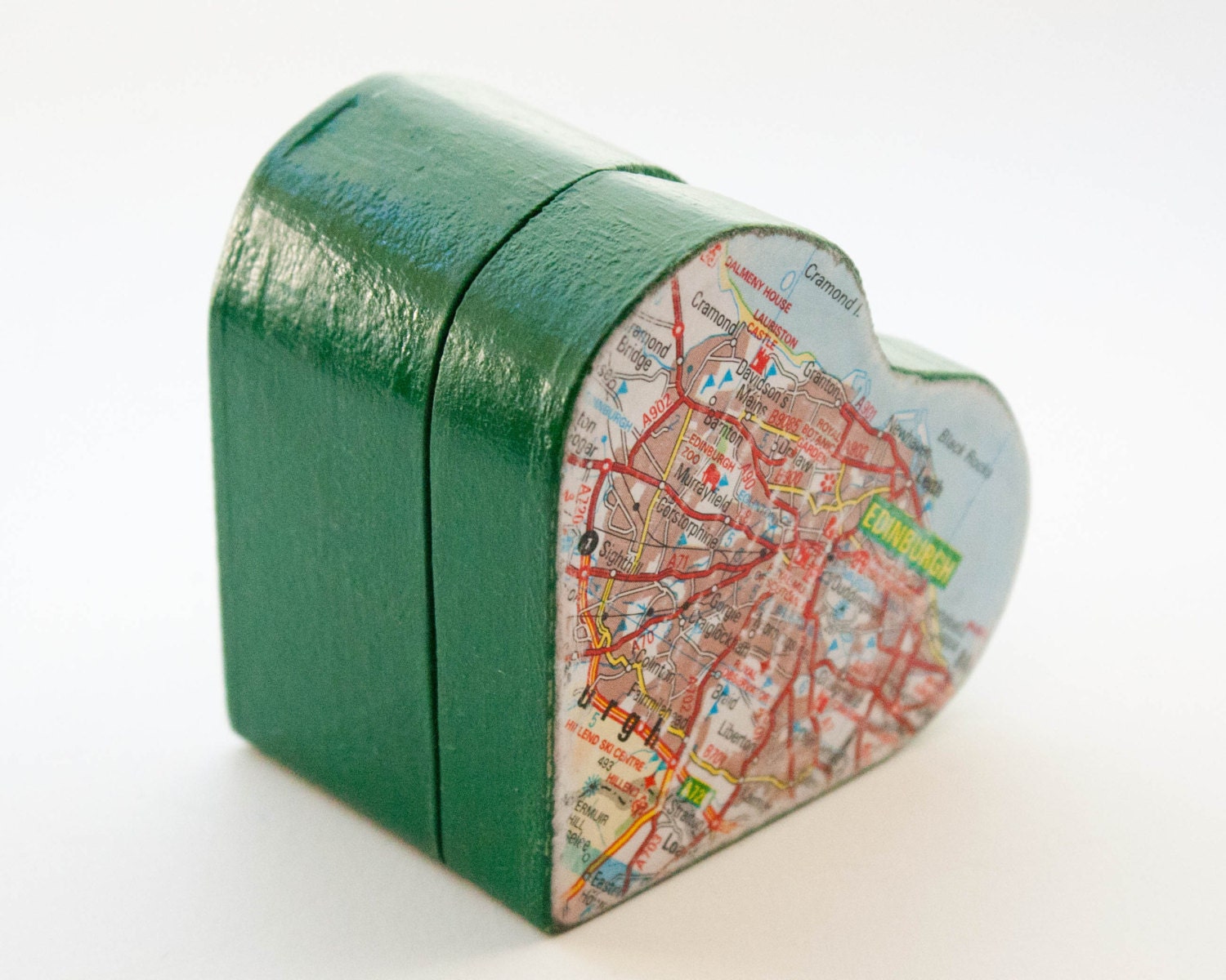 Hearts & Maps Green Edinburgh Box - wooden heart box decoupaged with an atlas page