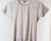 Tan and White Striped Ribbed 90s Short Sleeve Shirt