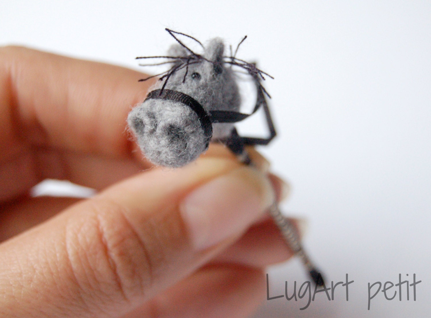 Grey Needle felted STICK HORSE for dollhouse.