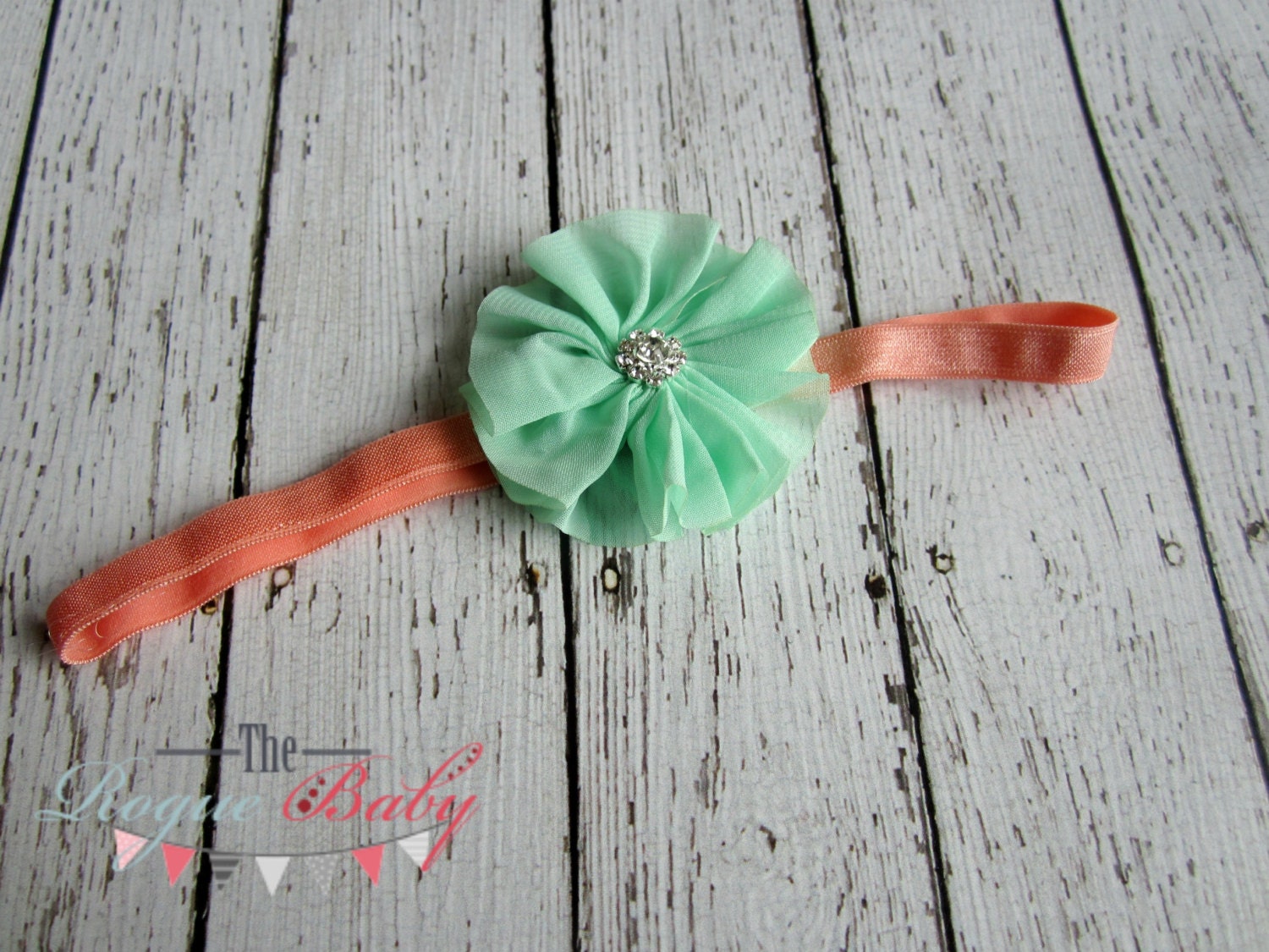 Petite Baby Headband - Mint Green & Coral Headband - Newborn Infant Toddler Girls Adult Wedding Pastel Green Baby Headband