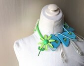 Mothers Day SPRING Wedding Flower Brooch Statement Necklace with Chandelier Daggers & Pearls in Lime Green, Turquoise, Cream by ZILLAS QUEEN