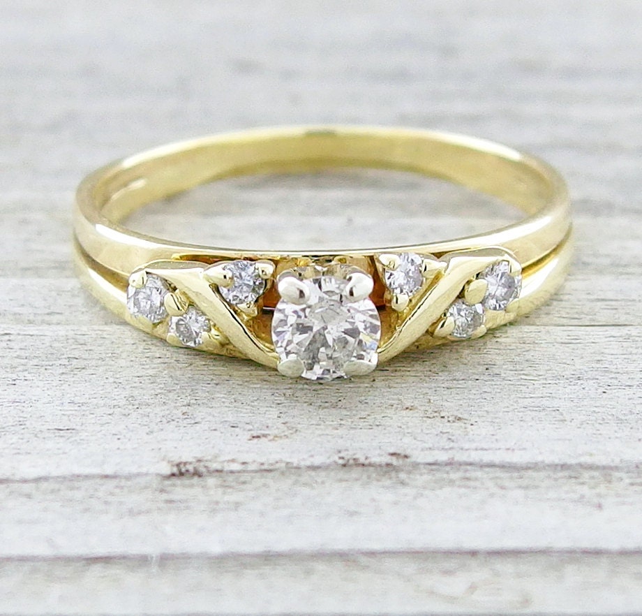 Vintage Diamond Engagement Estates Solitaire Ring 14kt Yellow Gold Wedding Set