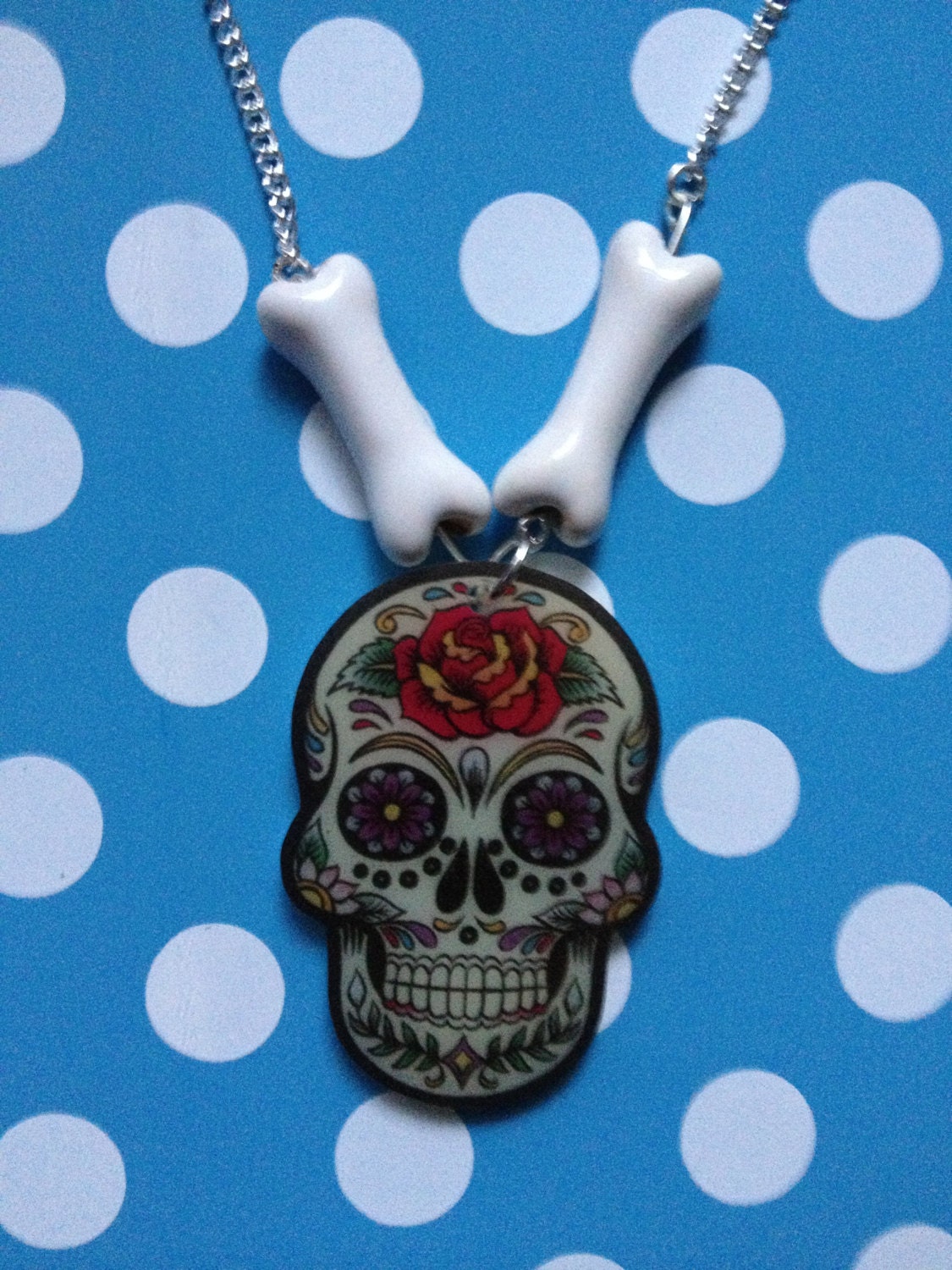 Day Of The Dead Sugar Skull And Bones Necklace Rose