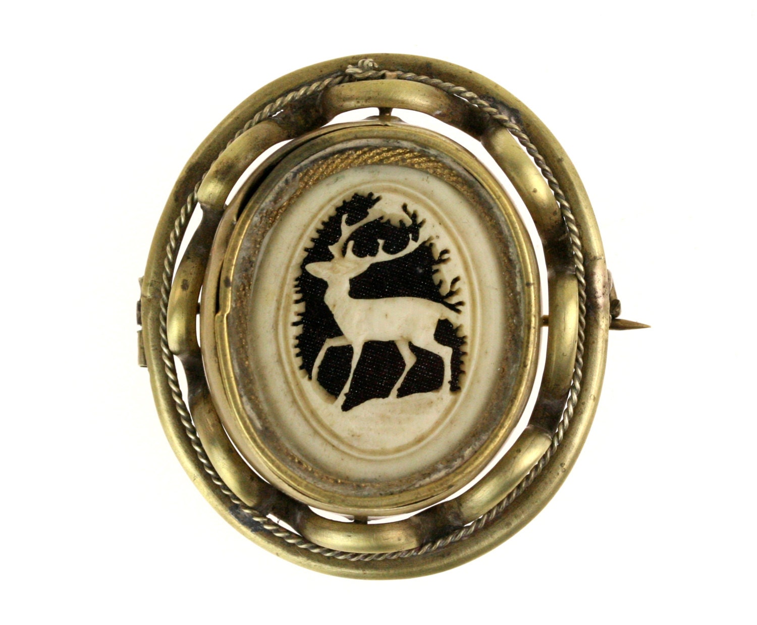 Antique Stag Horse Swivel Locket / Brooch, Carved Bone / Ivory and Brass
