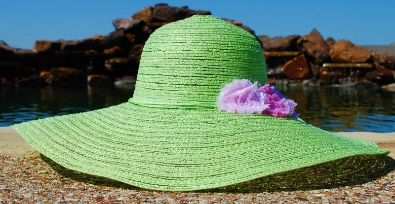 Green Floppy Hat with Pink Rosettes