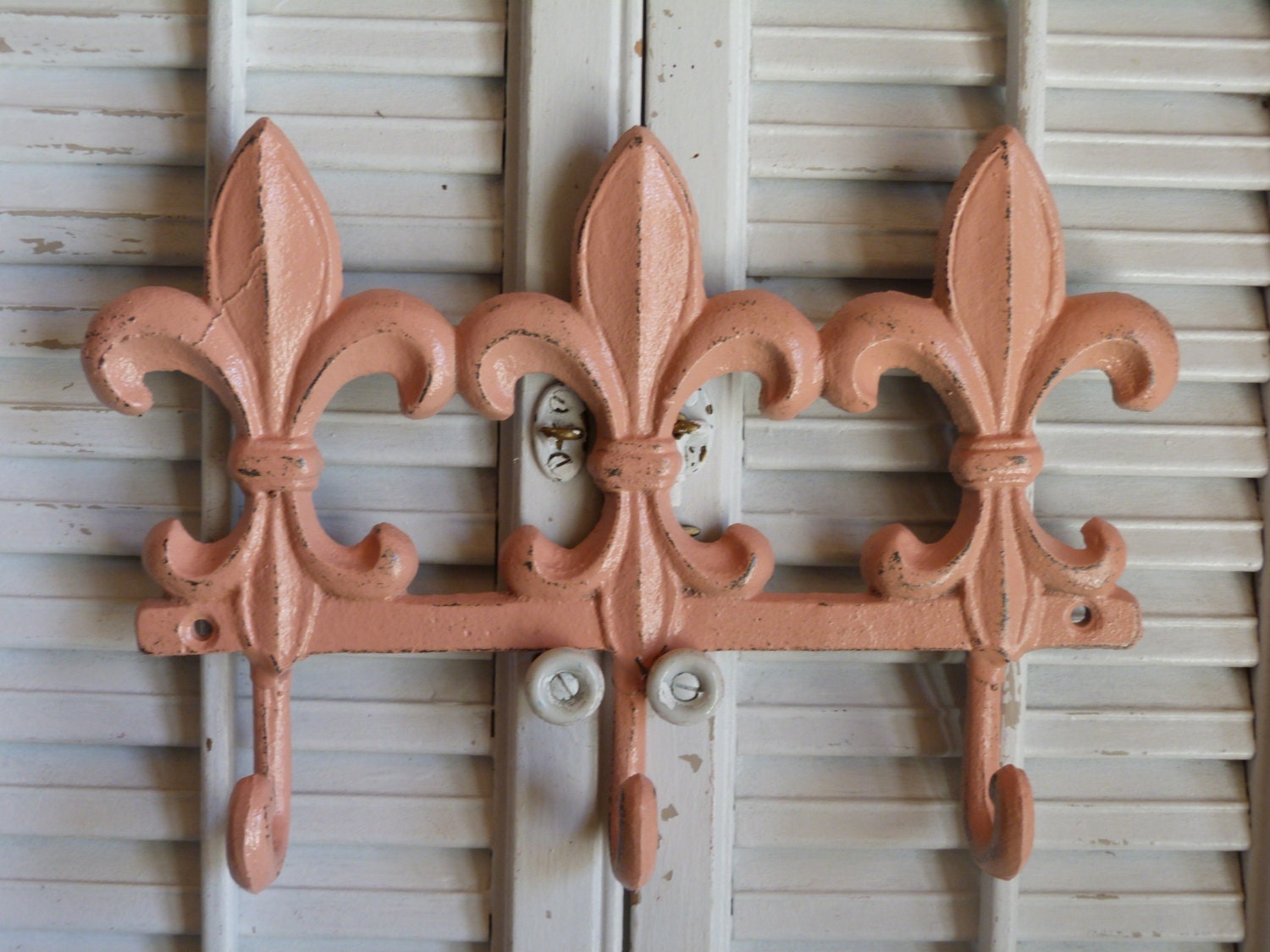 Iron Fleur De Lis Hooks, Coral Hooks, Key Holders, Coat Rack, Iron Wall Decor, Cottage Chic, Handbag Hooks, Peach Wall Hanging