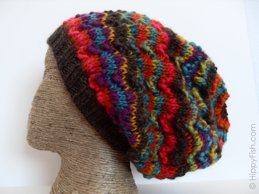 Dread Hat - Dreadlock Tam - Rainbow Wool Wear - Brown Tie Dye - Hair Accessory - Knit Slouchy Hat - Lopi