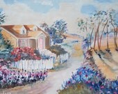 Whisper Lane, Home Portrait Fantasy, Original Oil, White Picket Fence, Dan Leasure, 22"w x 13" h