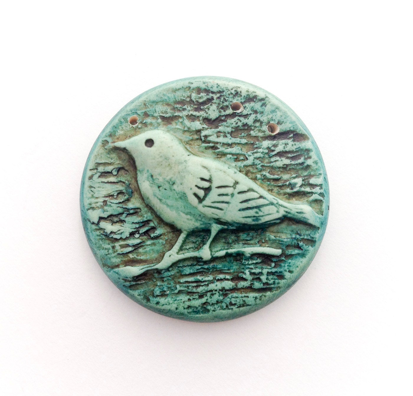 Distressed Rustic Bird on a Branch Polymer Clay Pendant