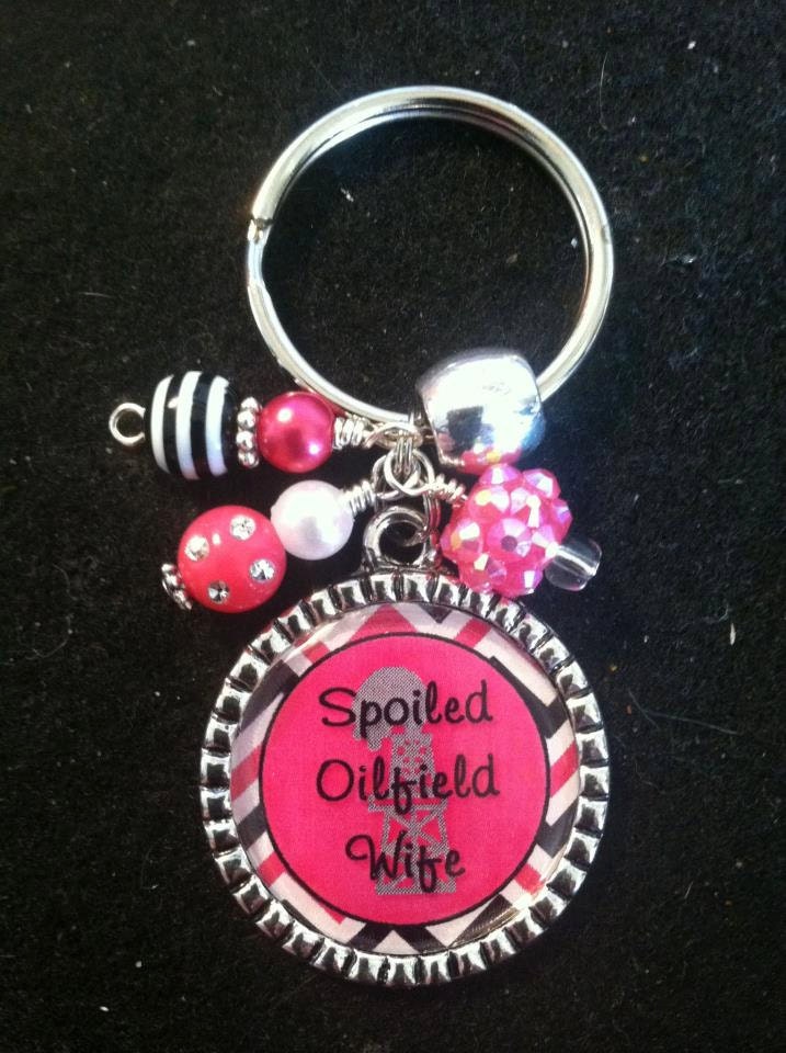 Spoiled Oilfield Wife Keychain, Beaded Bezel Pendant Keychain, Personalized Chevron Keychain, Hot Pink and Black Chevron