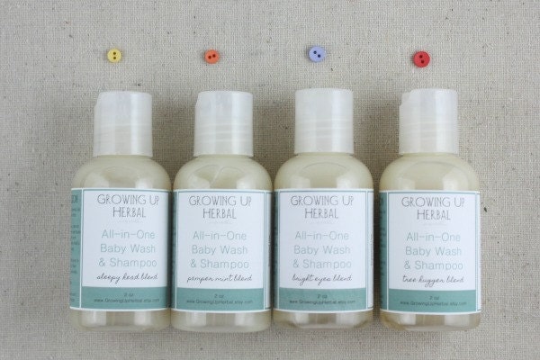 Organic Baby Wash & Shampoo - Sample Pack - 4 Scents: Bright Eyes, Sleepy Head, Pamper Mint, Tree Hugger - 2 oz bottles
