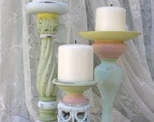 3 Candle Holders Shabby Chic Cottage Spring Pastels Chalk Paint