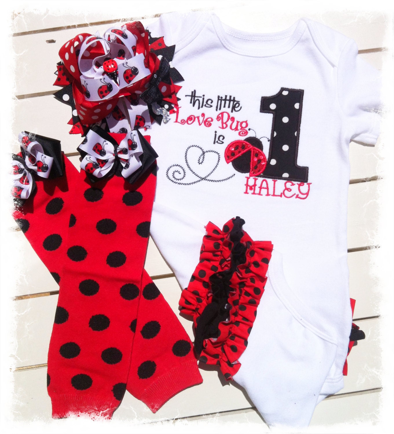 Girls 1st Birthday Ladybug Outfit with Name-Ruffled Butt Birthday Onesie-Personalized 1st Birthday Set with M2M Leg Warmers and OTT Hair Bow