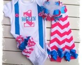 Girls 1st Birthday Hot Pink Chevron Outfit-Ruffled Butt Birthday Onesie-Personalized 1st Birthday Set with M2M Leg Warmers and OTT Bow