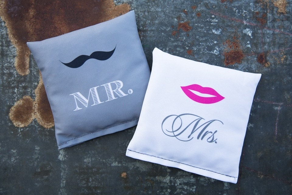 Cornhole Bags - Full Set (8 bags)  // Mr. & Mrs. (Mustache and Lips)