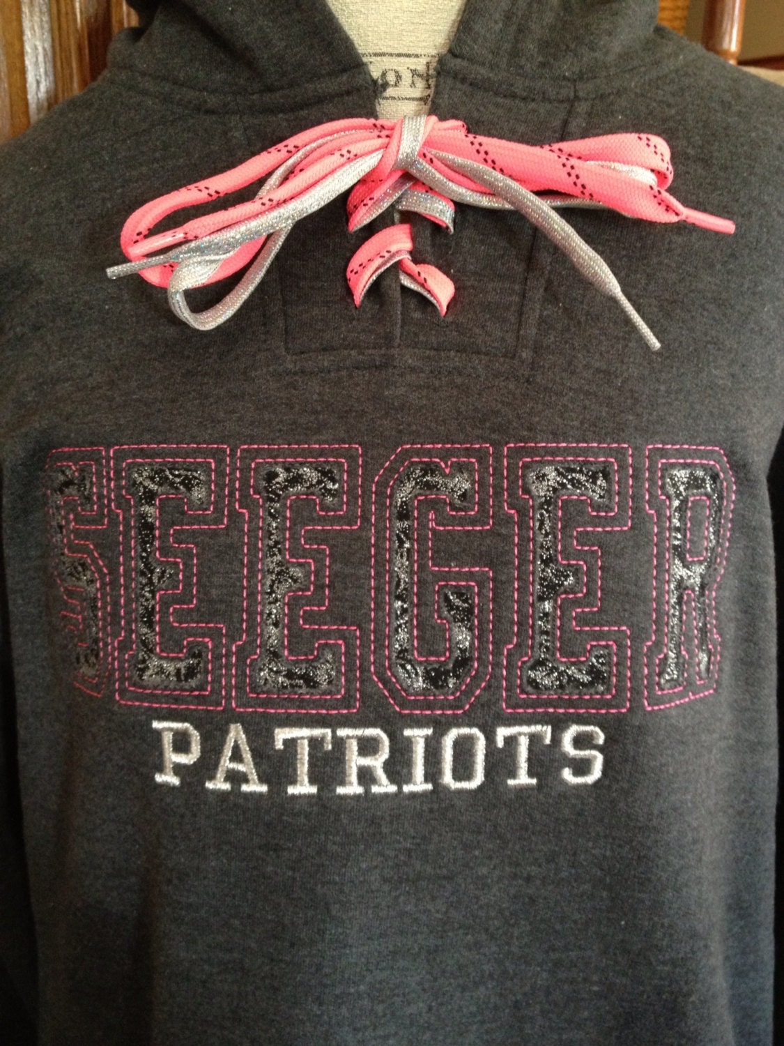 Neon Pink Reverse Applique Shoe String Hoodie - Adult sizes - Sports Teams -Custom