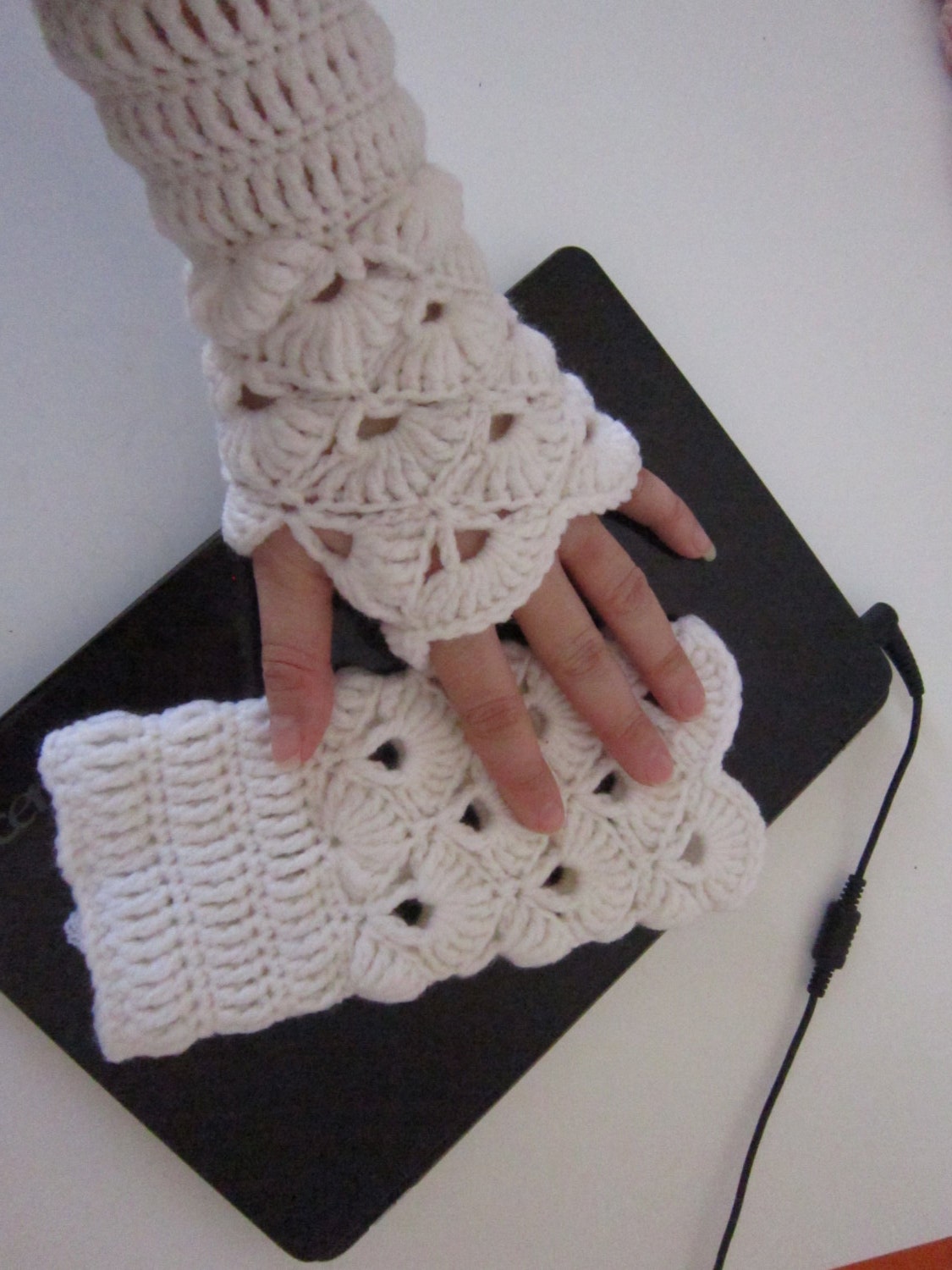 White Crochet Fingerless Mittens Wrist Warmers Handmade Gloves Snow Snowflake Winter Fashion Accessories Gift for Her by dodofit on Etsy