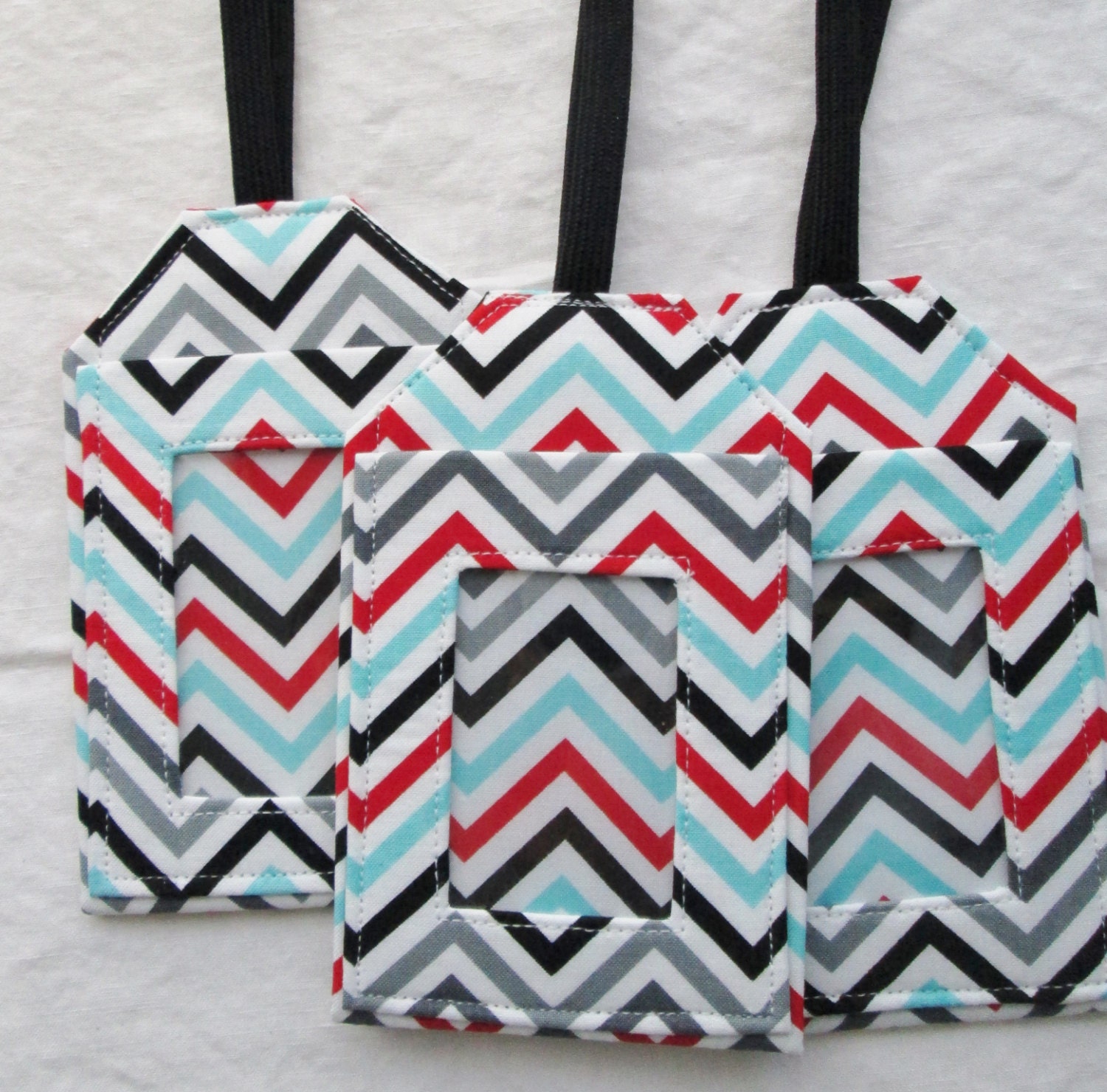 Chevrons Custom Fabric Handmade Luggage Tag ID Cruise Travel Accessory Card Holder Teal Red Grey Black