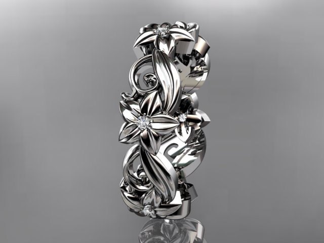 14kt white gold diamond flower wedding ring,engagement ring,wedding band. ADLR 217