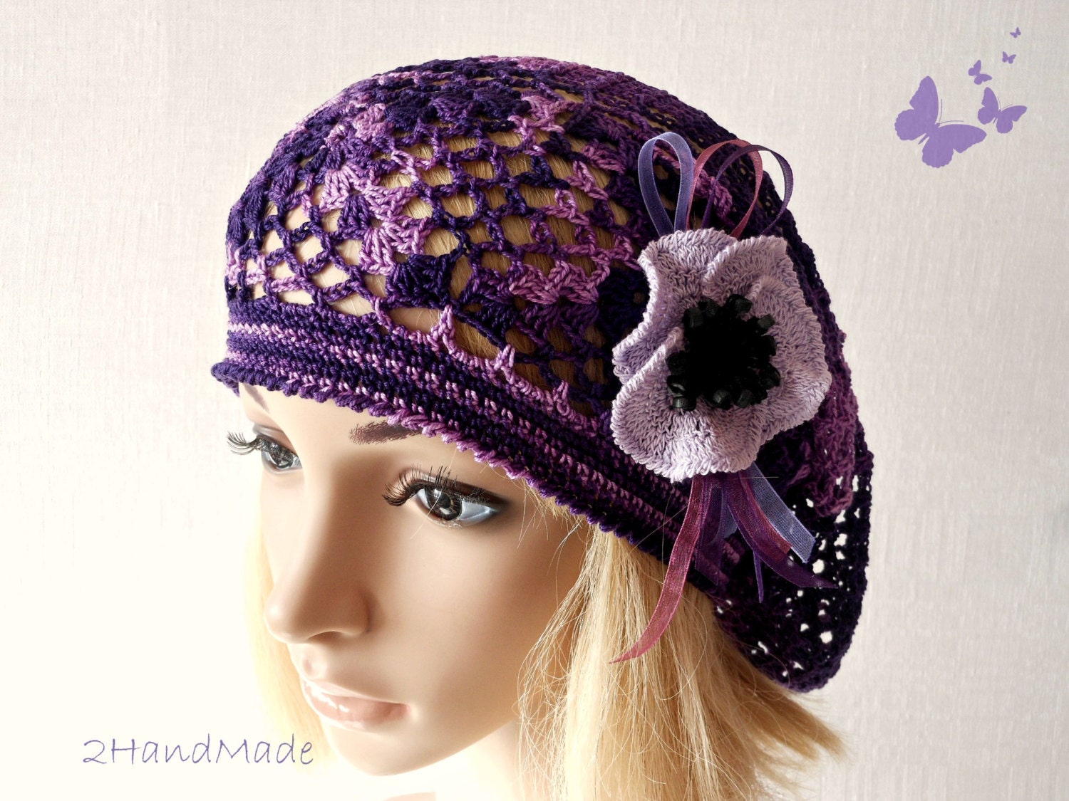 Lace Crochet Tam Dreads Hat Oversized Beret Slouchy Beanie Boho Women Girl Plum Purple Summer 2013 Cotton Vintage Style