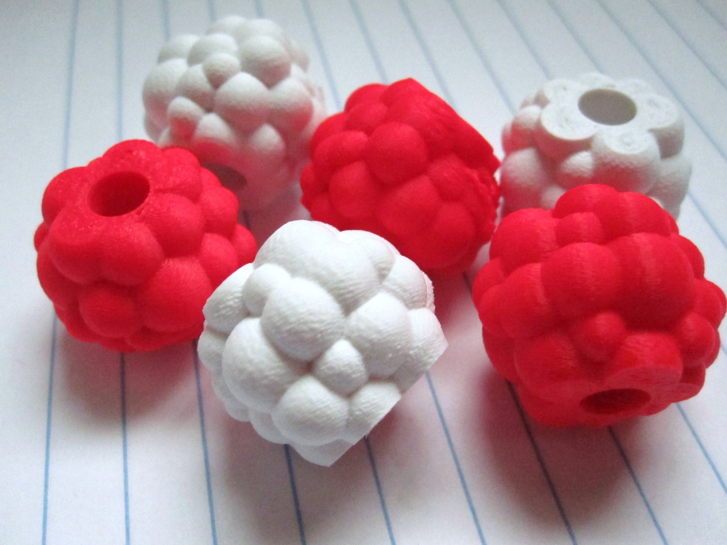 6 Futuristic Blob Bead Bright Red and White (Cloud/Raspberry shaped)
