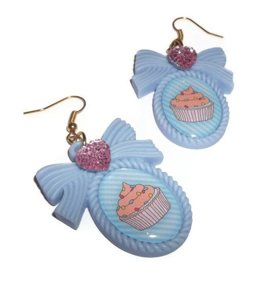 Cupcake Earrings, Light Blue Cameo Earrings, Kitsch Kawaii Pastel Jewelry