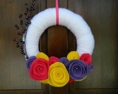 Bright Spring Wreath - 12 Inch White Yarn Wrapped Wreath with Eco-Friendly Felt Flowers in Purple, Shocking Pink and Yellow