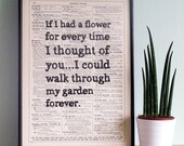 Framed Typographic "If I had a Flower" Vintage Book Print, Dictionary Print, Shabby Chic Art Print, Recycled Book Print