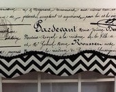 French script layered shaped valance in black and cream with designer gimp trim
