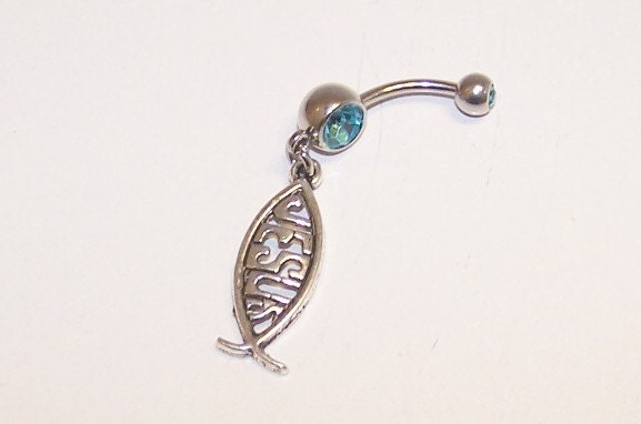 Jesus, Fish, Aquamarine, Blue, Double, Gem, Belly, Button, Piercing