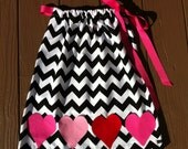 Custom boutique children's clothing. Girls black white chevron Valentine pillowcase dress. Hot pink red heart applique. By EverythingSorella