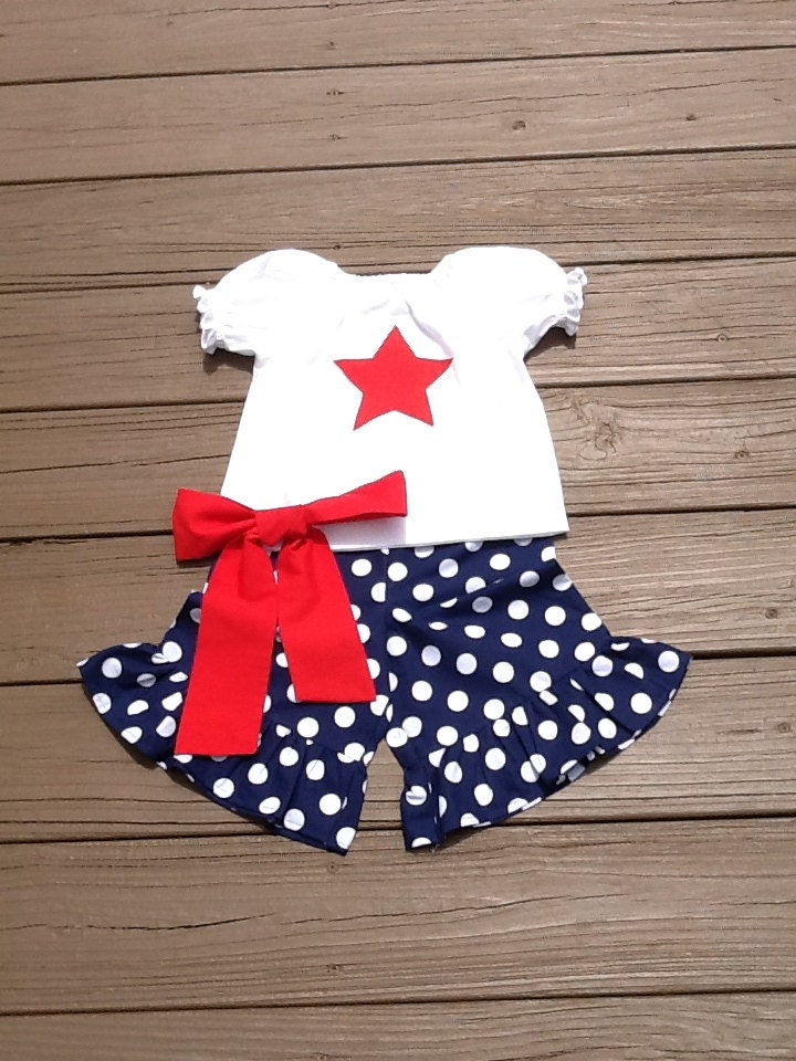 Girls 4th of July Patriotic peasant shirt & ruffle shorts, capris, or pants. Navy white polka dot. Red star applique. By EverythingSorella