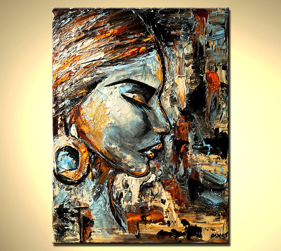 Original Large abstract contemporary portrait painting blue orange palette knife impasto fine art by Osnat  40x30
