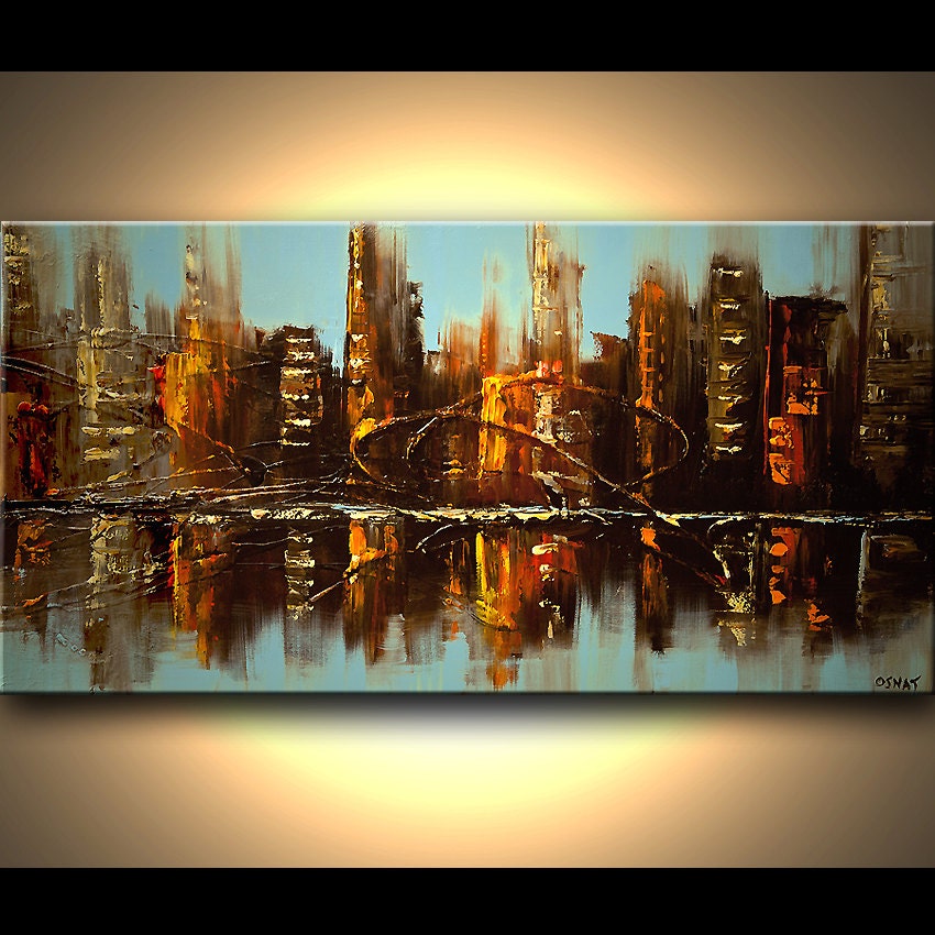Original Abstract Painting Urban City Textured Art on Canvas Cityscape Skyscrapers by OSNAT 48"x24"
