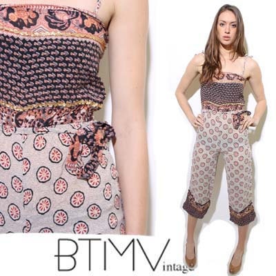 70s SHEER JUMPSUIT ethnic eastern tribal boho hippie folk floral gold metallic ribbon chiffon festival one piece pants romper XS S