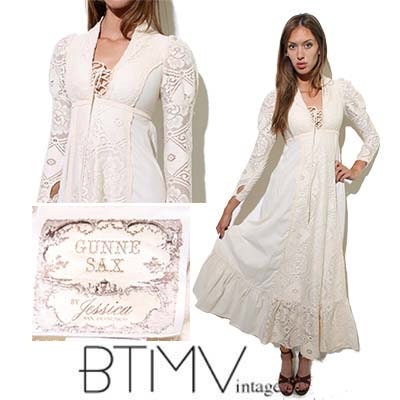 70s GUNNE SAX cream wedding gown dress lace puff sleeves romantic victorian lace up corset costume linen XS S