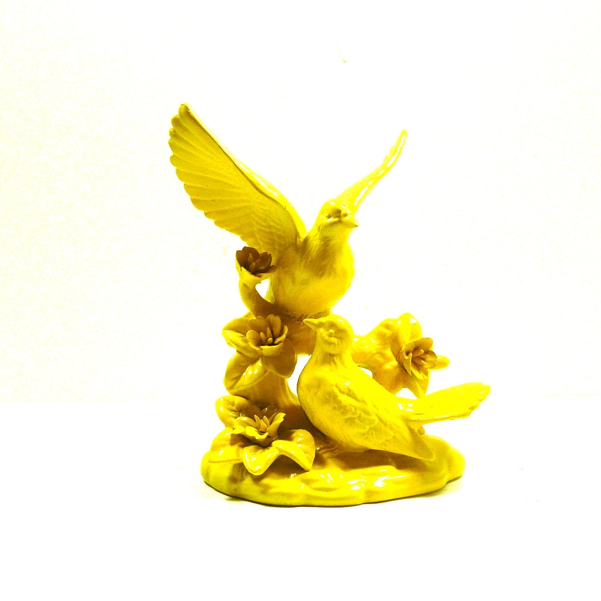 yellow bird sculpture, ceramic figurines, birds, bird decor, yellow home decor, spring, woodland, bright,