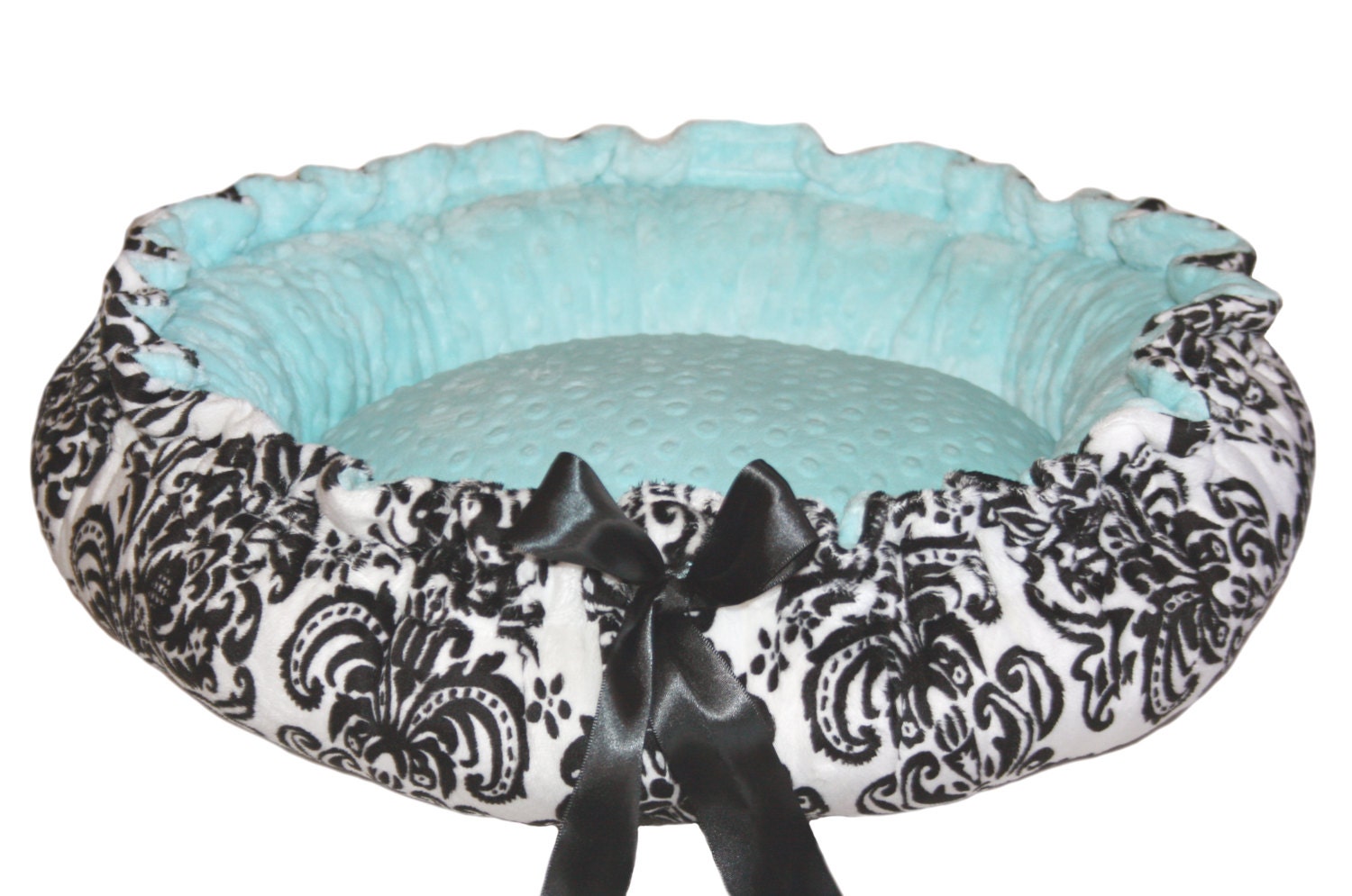 Black and White Damask Minky Pet Bed with Tiffany Blue Dot
