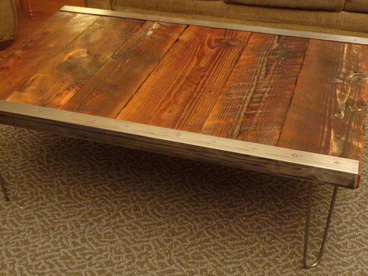 20x40 Industrial Coffee Table with raw steel trim and hairpin legs