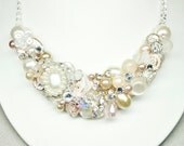 Blush Bridal Bib Necklace- Blush Statement Necklace- Bridesmaid- Champagne Pink Necklace- Rhinestone and Pearl Bib Necklace- Wedding jewelry