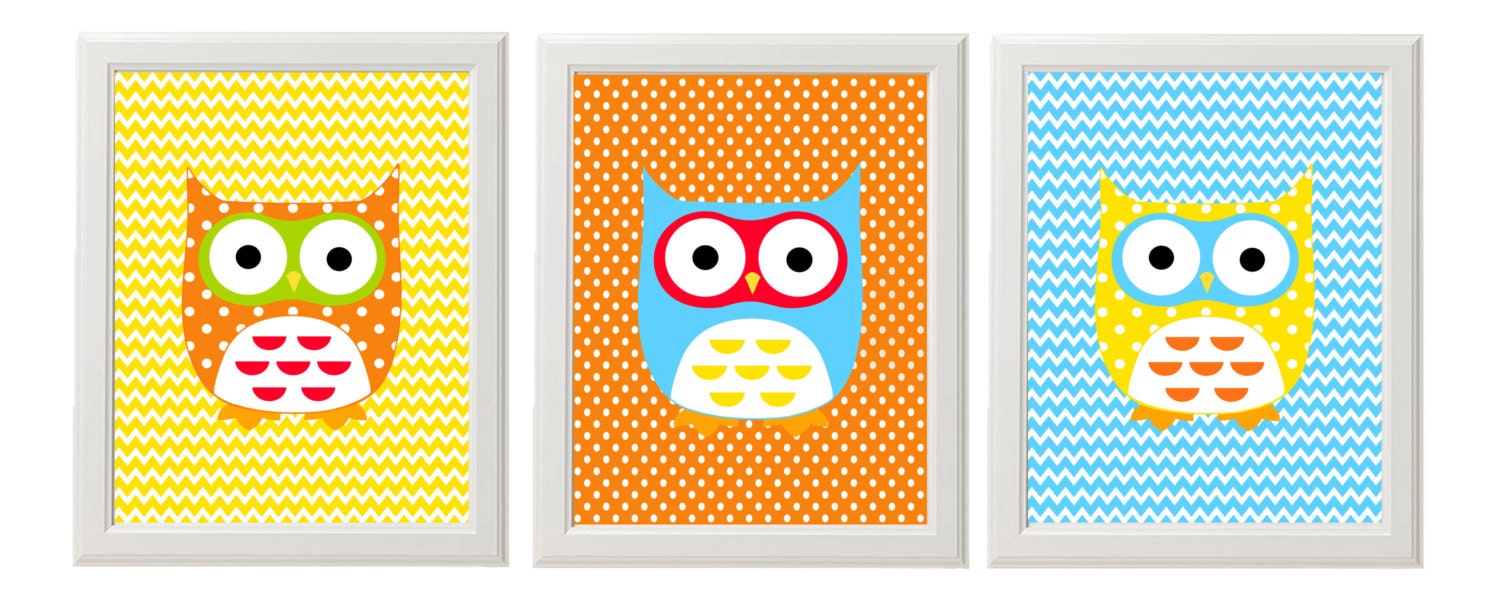 Funky Owl Chevron Stripe Polka Dot set of 3 11x14 Wall Art Print Home Decor - Available in additional sizes and Colors
