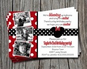 Custom Minnie Mickey Mouse - Red Black White Polka Dot Birthday Party Invitation   - You Print